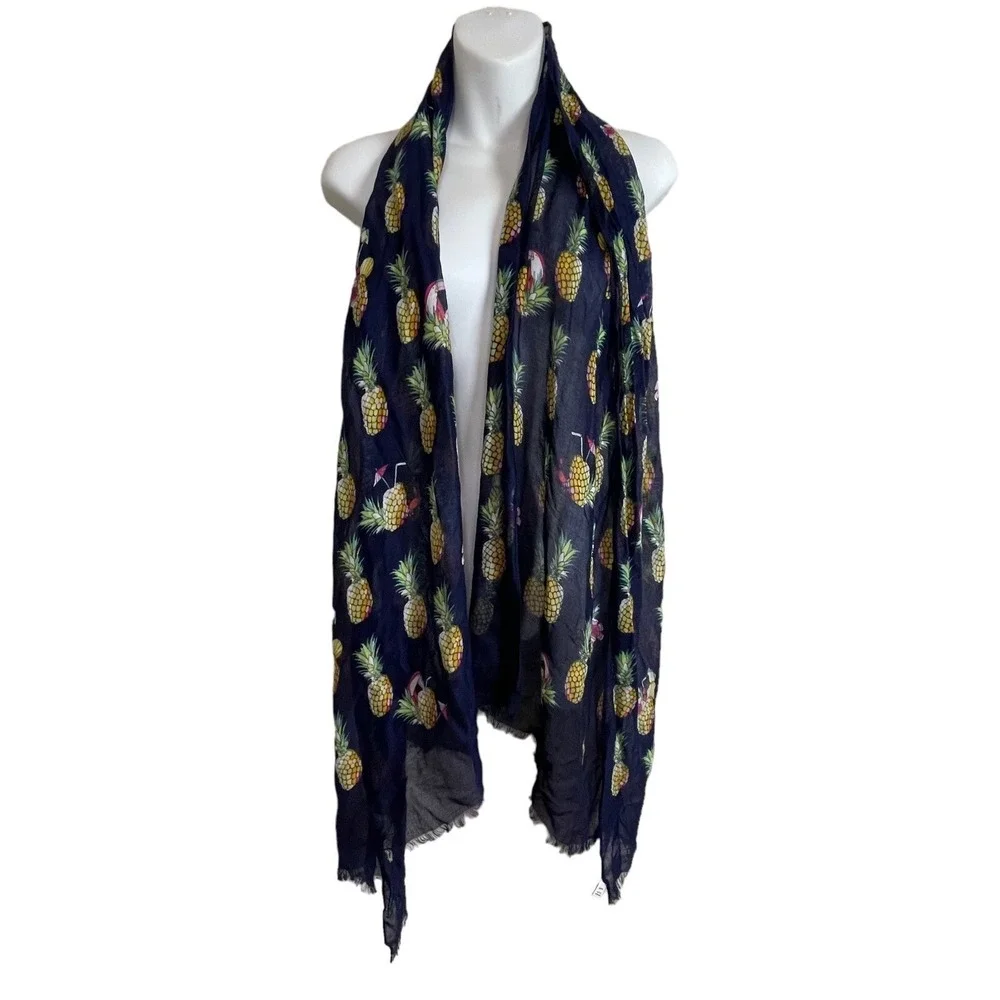 Vera Bradley Scarf Womens Navy Blue Pineapple Print Rayon Fringe Trim